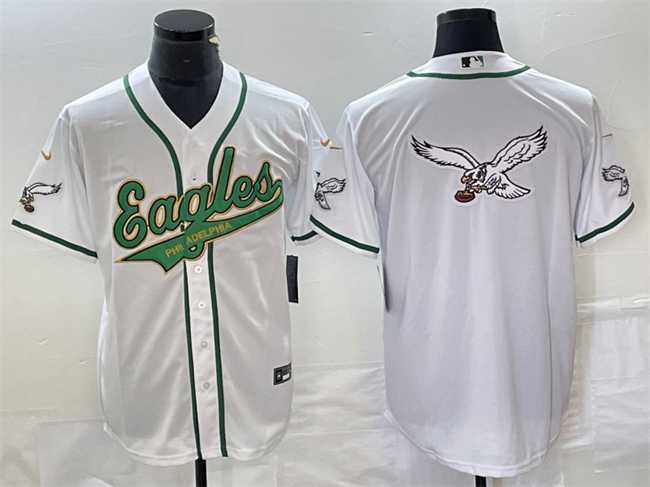 Mens Philadelphia Eagles White Gold Team Big Logo Cool Base Stitched Baseball Jersey